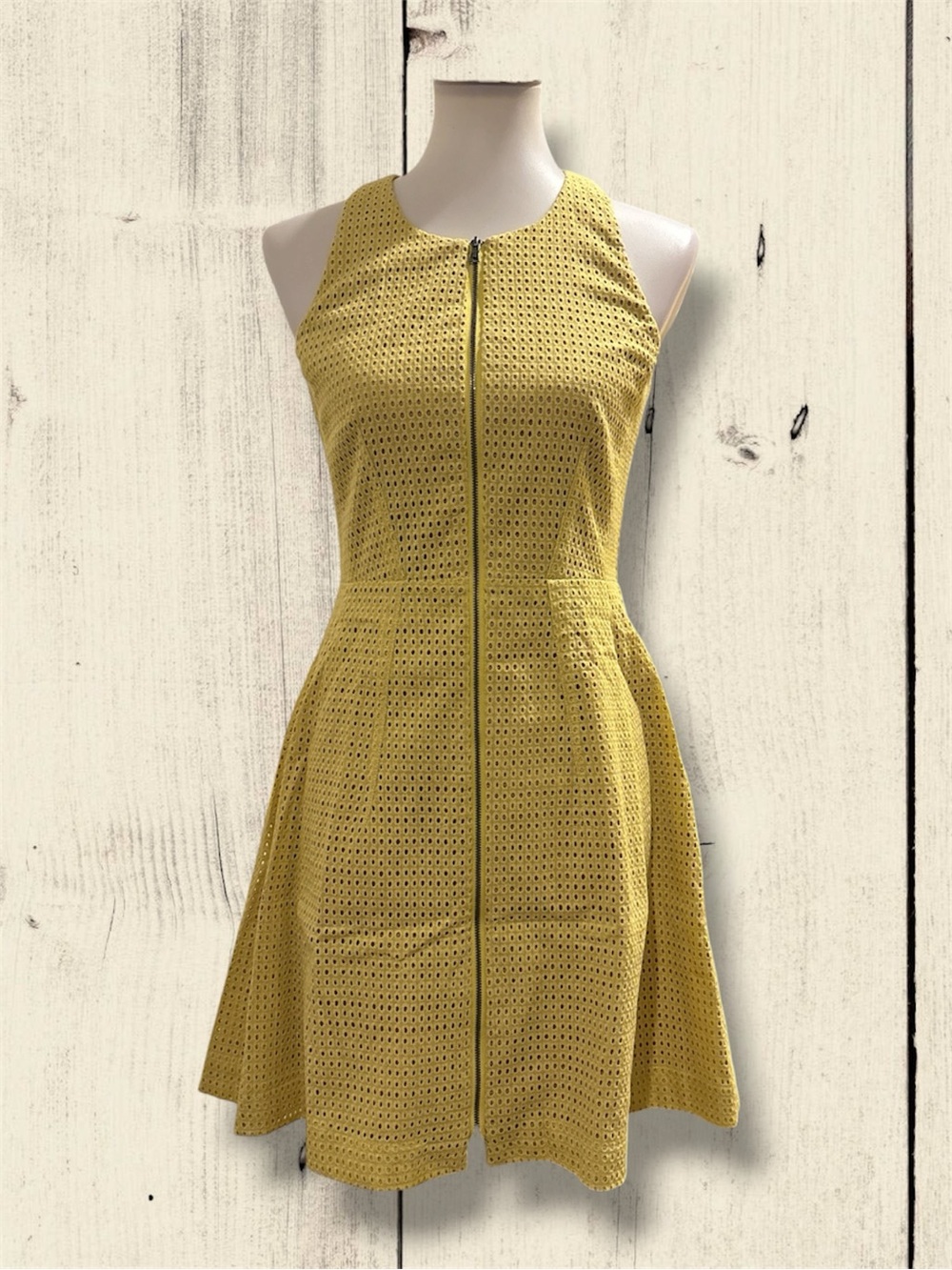 BCBGMaxAzria Yellow Eyelet Zip-Front Fit & Flare Mini Dress
